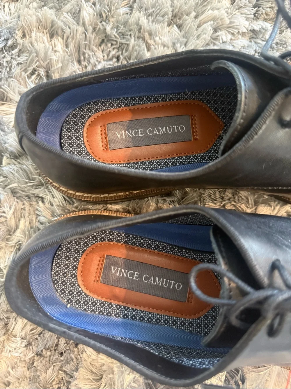 Vince Camuto Black Leather Cap-Toe Derby Shoes with Brown Welt